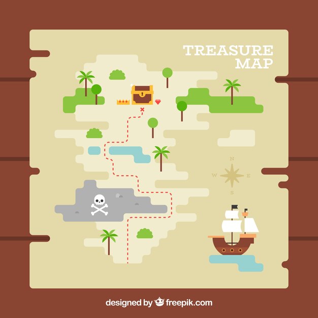 Fondo de madera con mapa del tesoro en diseño plano