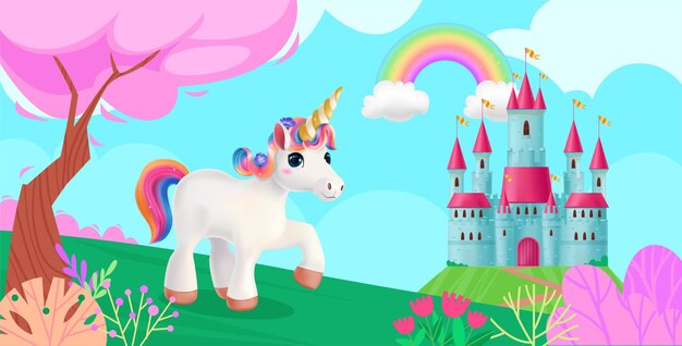 Fondo mágico de fantasía realista con castillo de unicornio arco iris y árboles rosados ilustración vectorial de dibujos animados