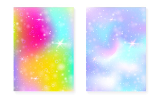 Fondo mágico con gradiente de arco iris de princesa Holograma de unicornio kawaii Conjunto de hadas holográficas Cubierta de fantasía fluorescente Fondo mágico con destellos y estrellas para invitación de fiesta de niña linda