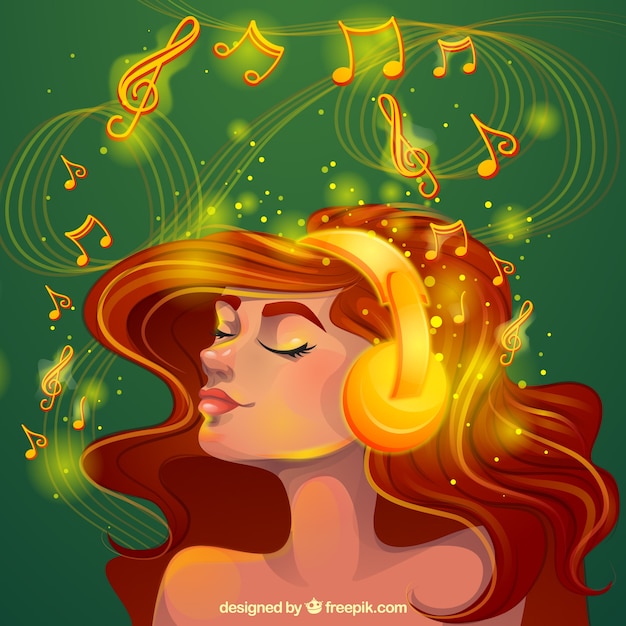 Fondo mágico de mujer escuchando música con luz dorada 