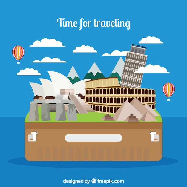 Vector gratuito fondo de maleta con monumentos  en estilo plano