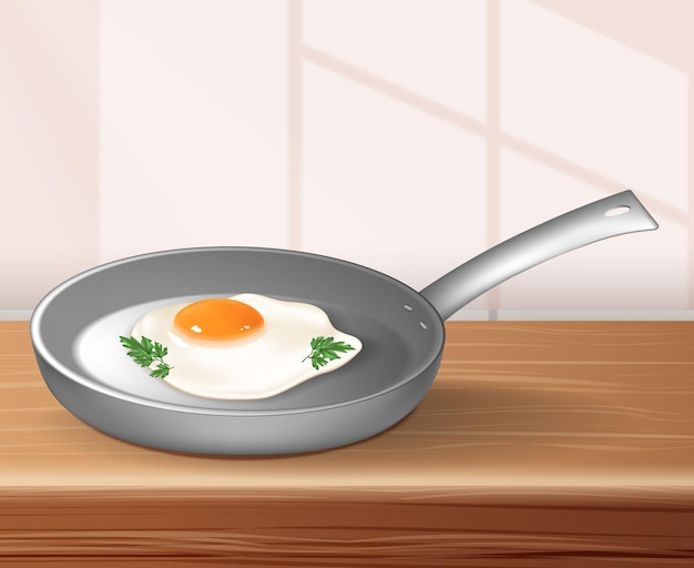 Vector gratuito fondo de la mañana del desayuno con huevo frito fresco en la ilustración vectorial realista de la sartén de la cocina
