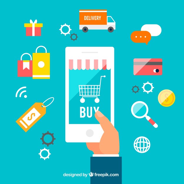 Fondo de mano con móvil y elementos de comercio electrónico