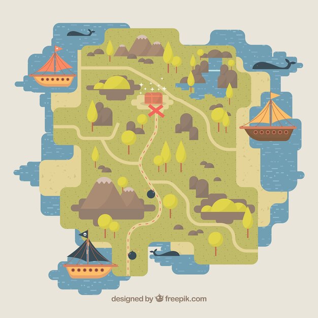 Fondo de mapa y barcos pirata en diseño plano 
