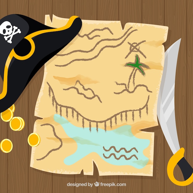 Fondo de mapa del tesoro con sombrero y espada 