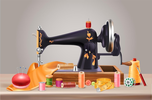Vector gratuito fondo de máquina de coser con cojín de agujas e ilustración realista de centímetros