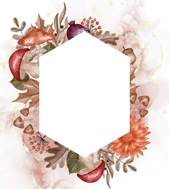 Fondo de marco de acuarela con temática otoñal, flores, hojas y setas con espacio en blanco