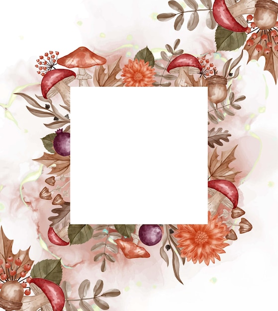 Fondo de marco de acuarela con temática otoñal, flores, hojas y setas con espacio en blanco