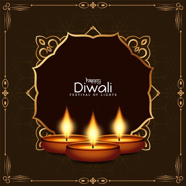 Fondo de marco dorado del festival Happy Diwali con lámparas
