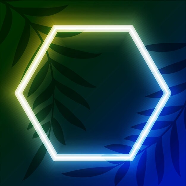 Fondo de marco de láser de neón hexagonal luminoso con diseño de hojas