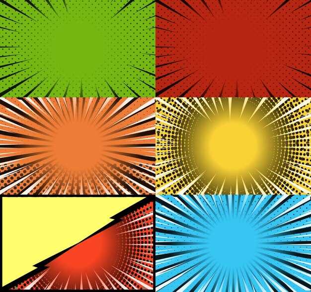 Fondo de marcos coloridos de cómic con semitonos radiales de rayos y efectos punteados estilo pop art