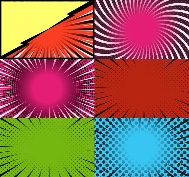 Fondo de marcos coloridos de cómic con semitonos radiales de rayos y efectos punteados estilo pop art