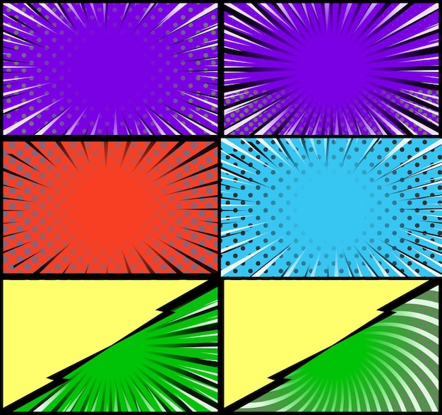 Fondo de marcos coloridos de cómic con semitonos radiales de rayos y efectos punteados estilo pop art