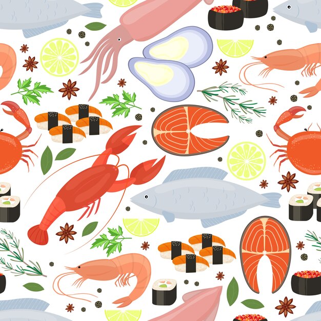Fondo de mariscos y especias para el menú del restaurante en un patrón perfecto