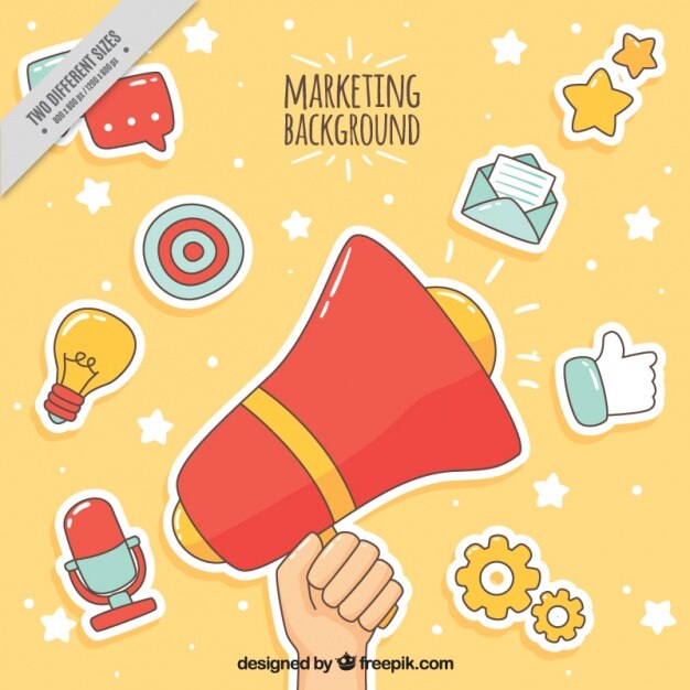 Fondo de marketing colorido con artículos dibujados a mano