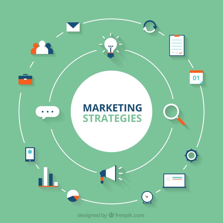 Vector gratuito fondo de marketing redondo con diferentes artículos