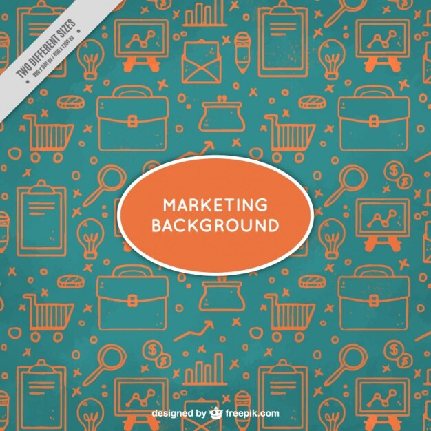 Fondo de marketing verde y naranja con elementos dibujados a mano