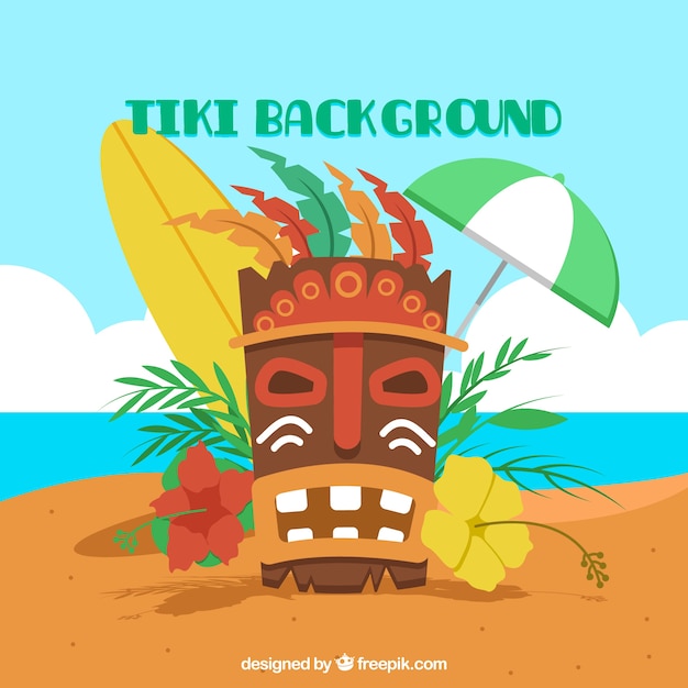 Fondo de máscara tiki en la playa con flores y otros elementos