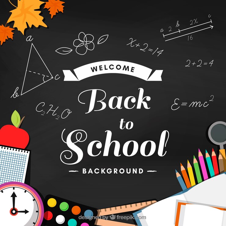 Vector gratuito fondo con materiales escolares y una pizarra