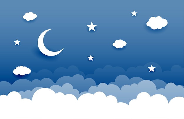 Fondo de media luna y estrella estilo papercut con vector de diseño de nubes