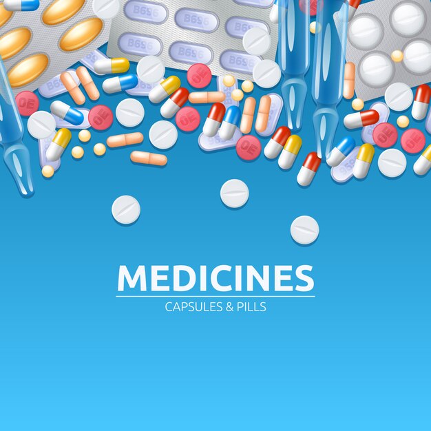 Fondo de medicamentos con pastillas de colores tabletas y cápsulas