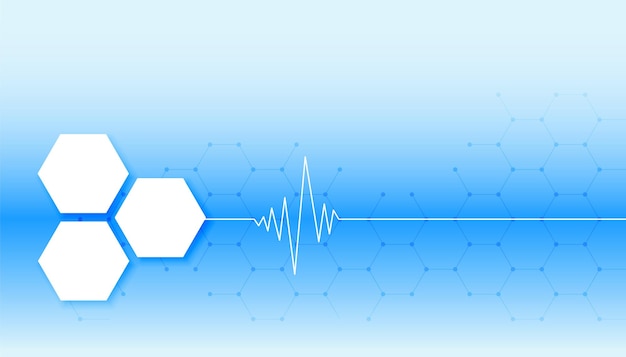 Fondo médico azul con línea de latidos del corazón y formas hexagonales