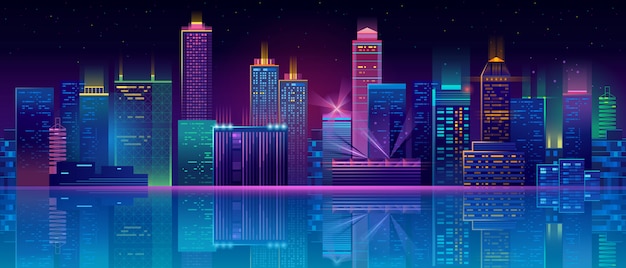 Vector gratuito fondo de megapolis de neón con edificios, rascacielos.