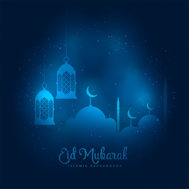 Fondo de mezquita y linterna de eid mubarak azul brillante