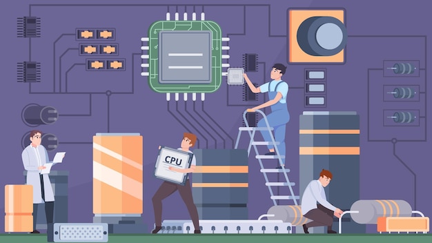 Fondo de montaje de microchips con símbolos de cpu ilustración vectorial plana