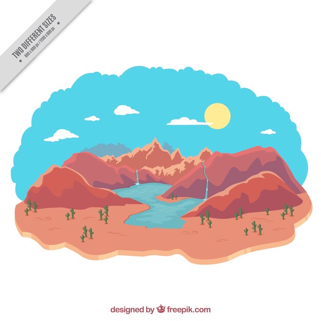 Fondo montañoso con cascadas y cactus