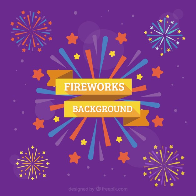 Fondo morado de fuegos artificiales de colores en diseño plano 