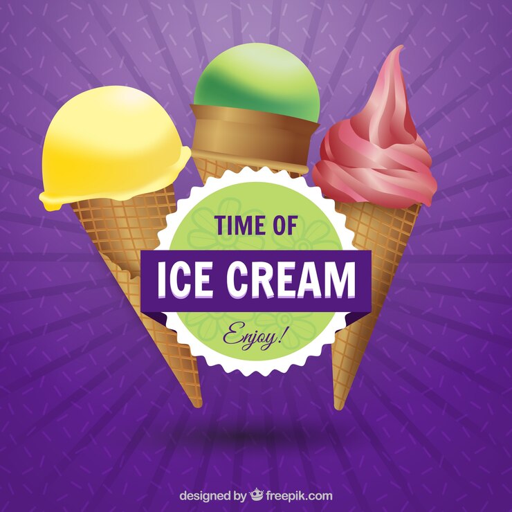 Vector gratuito fondo morado con tres helados y pegatina