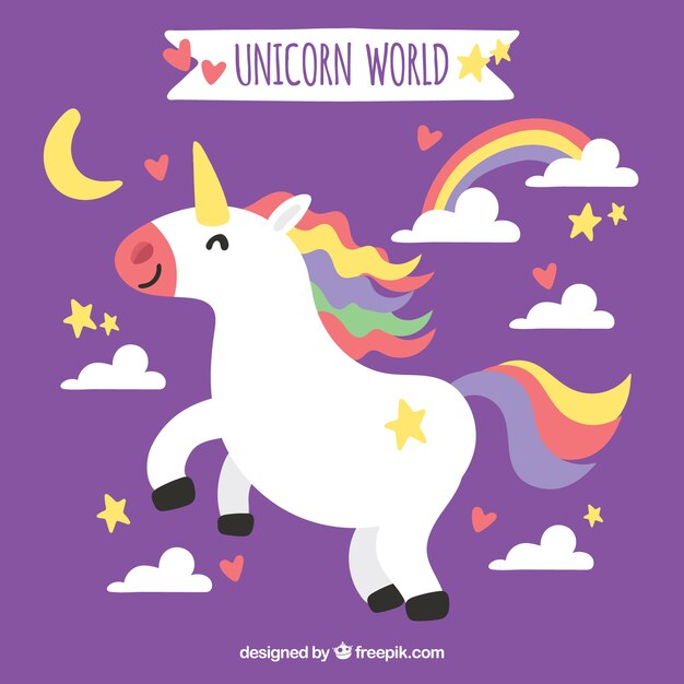 Fondo morado de unicornio feliz con nubes y arcoiris