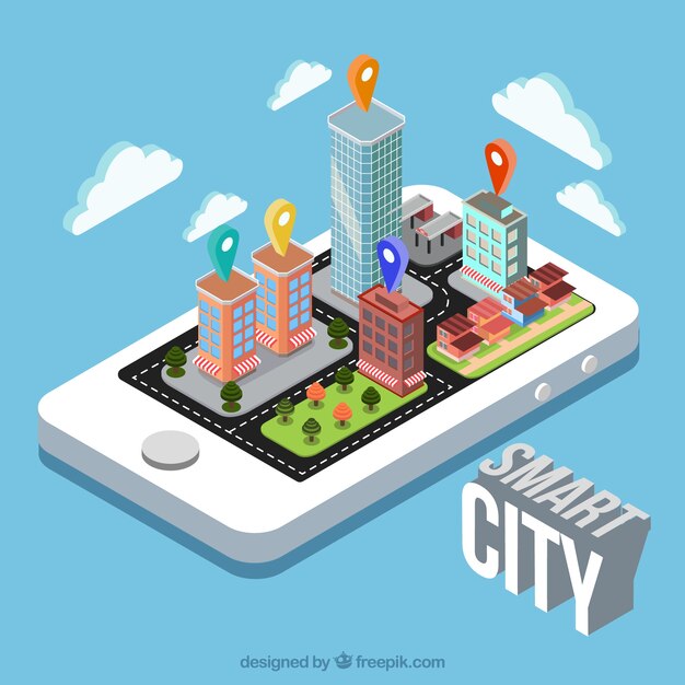 Fondo de móvil con ciudad inteligente en diseño isométrico