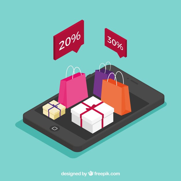 Fondo de móvil con compras online en estilo isométrico