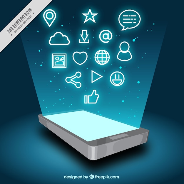 Vector gratuito fondo de móvil con pantalla encendida e iconos