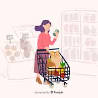 Vector gratuito fondo mujer dibujada a mano en el supermercado