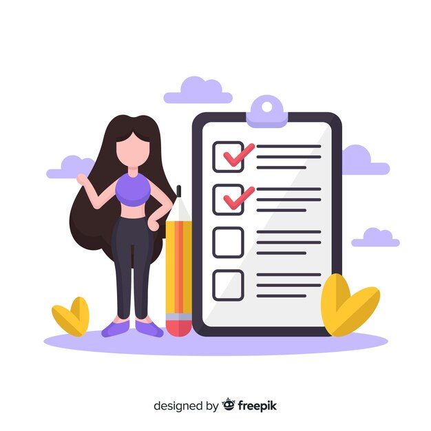Vector gratuito fondo mujer plana confirmando lista de comprobación gigante