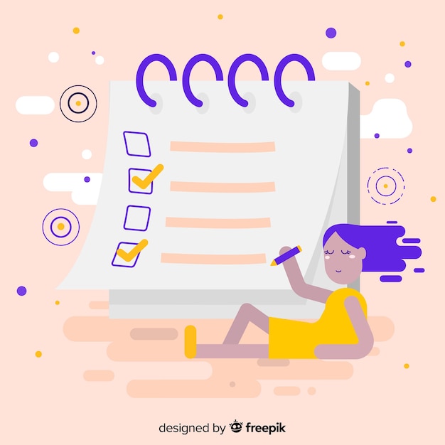 Vector gratuito fondo mujer trabajando en lista de comprobación