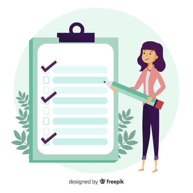 Vector gratuito fondo mujer trabajando en lista de comprobación