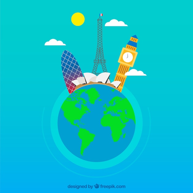 Vector gratuito fondo de mundo con puntos de referencia en estilo plano