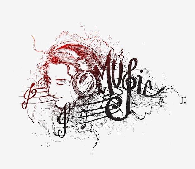 Vector gratuito fondo de música vector chica escucha música ilustración de dibujos animados aislado en blanco