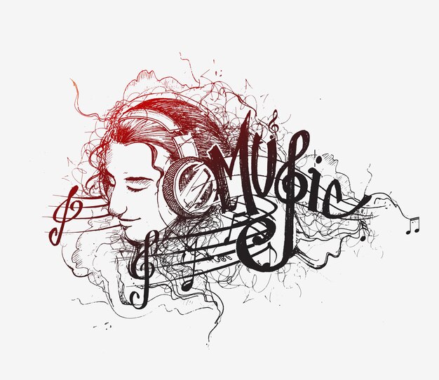 Fondo de música Vector chica escucha música ilustración de dibujos animados aislado en blanco