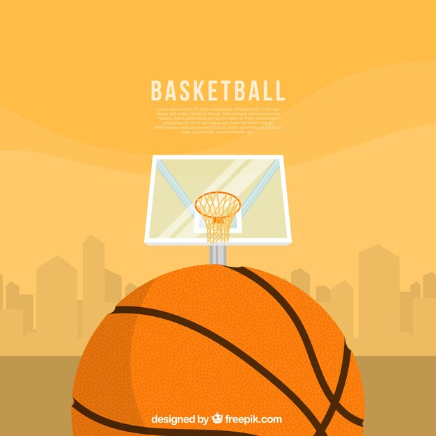 Fondo naranja con cesta y pelota de baloncesto
