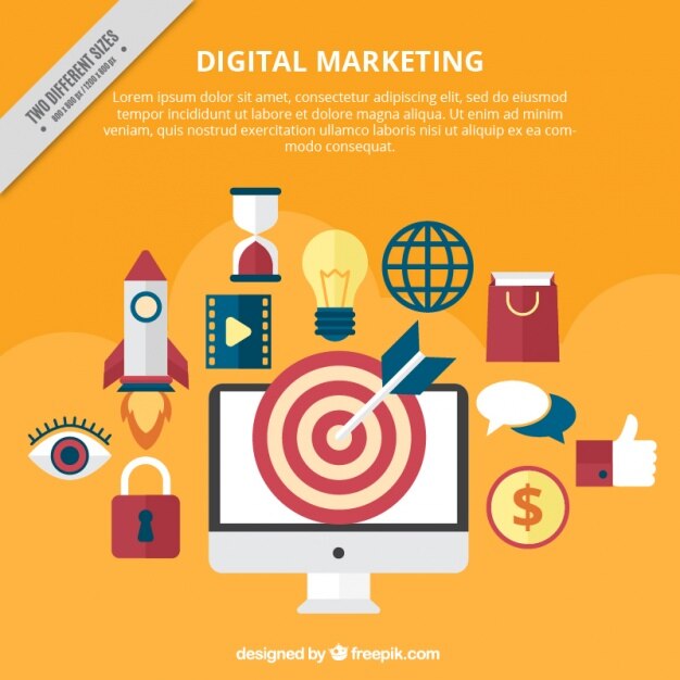 Fondo naranja con elementos de marketing en diseño plano