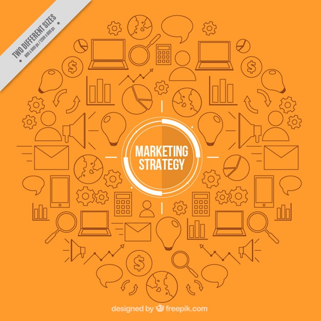 Fondo naranja con elementos de marketing