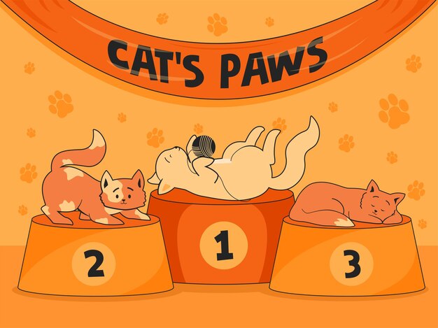Fondo naranja con graciosos gatos en podios. Lugares de patas de gato para lindos gatitos.