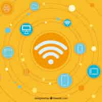 Vector gratuito fondo naranja con señal wifi y diferentes dispositivos electrónicos