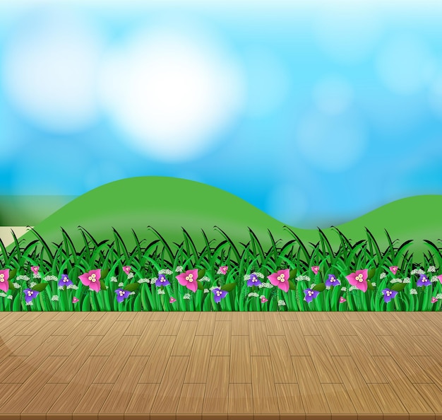 Vector gratuito fondo de naturaleza con campo de flores y pasto verde