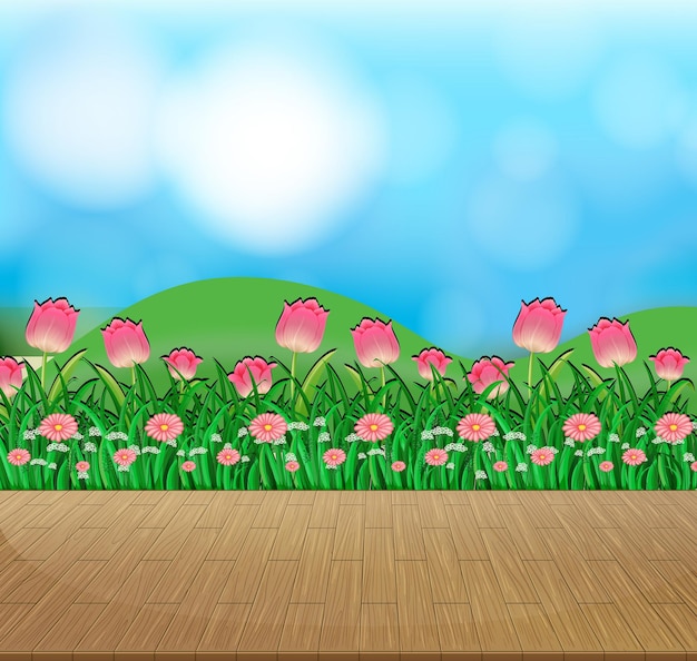 Vector gratuito fondo de naturaleza con campo de flores y pasto verde